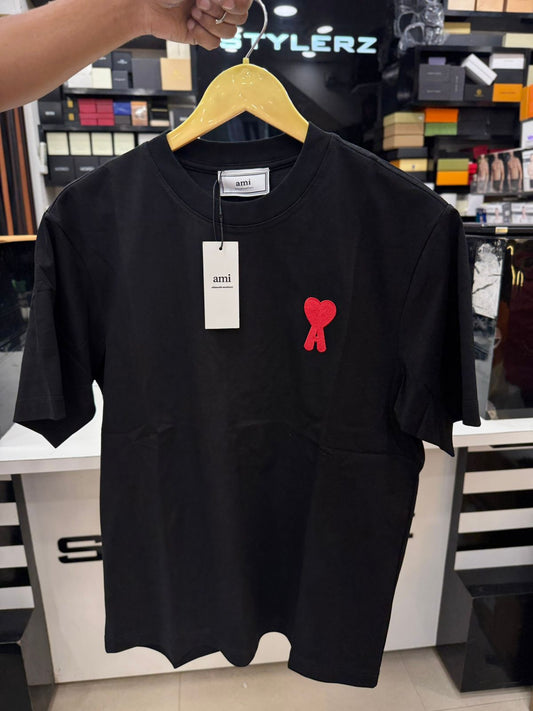 AMI BLACK RED EMBROIDERED TSHIRT