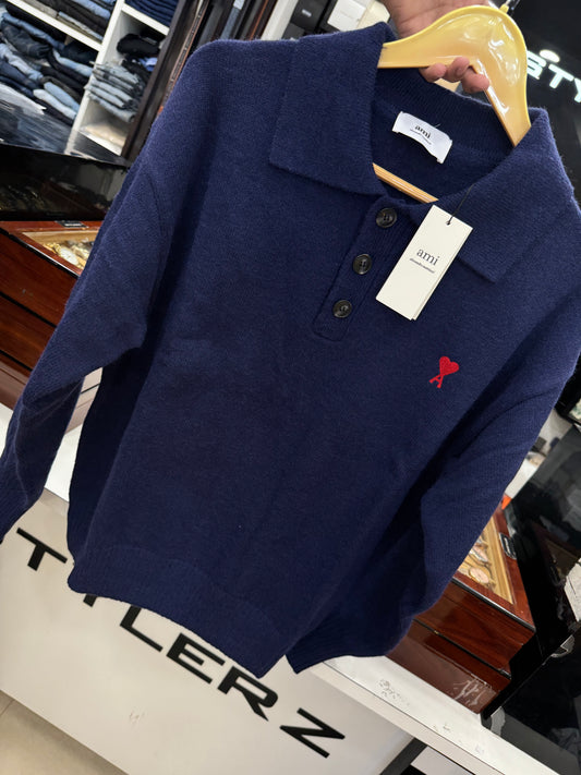 AM I PARIS DARK BLUE BUTTONED PULLOVER